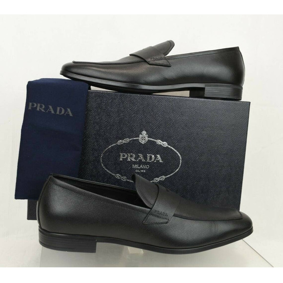 PRADA 2DC127 BLACK SAFFIANO LEATHER LETTERING LOGO PENNY LOAFERS 12 US 13 - Picture 1 of 12